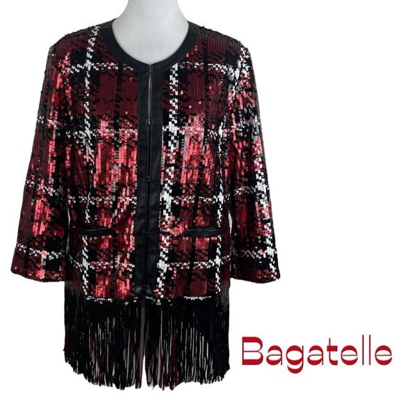 Bagatelle Red Black White Sequined Plaid Whimsical Glam Fringe Jacket NWT Size L - Picture 2 of 13